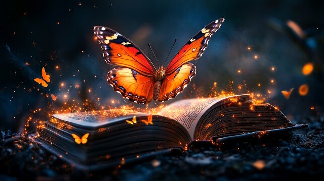 A vibrant butterfly emerges from an enchanted book, surrounded by sparks and glowing butterflies in a magical dark setting.