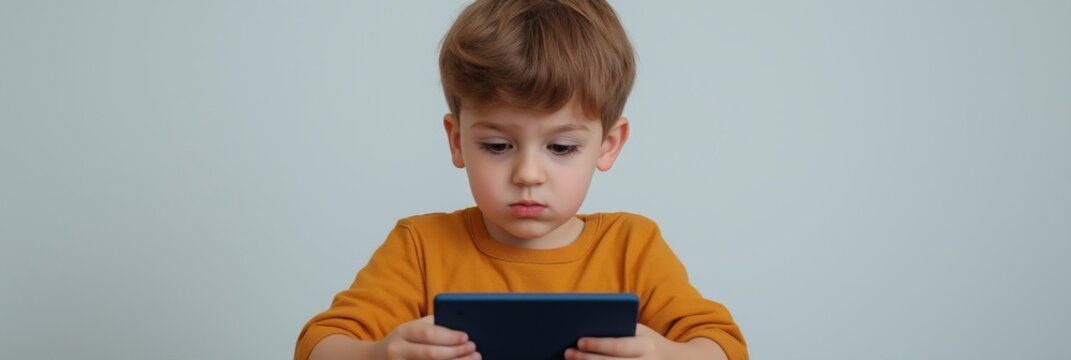 A young boy focused intently on a digital device screen, capturing the essence of modern childhood and the intertwining of tech with daily life in a serene setting.
