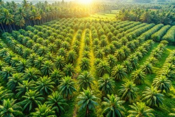 Fototapeta premium Drone captures lush palm oil plantation, showcasing sustainable tropical agriculture from above.