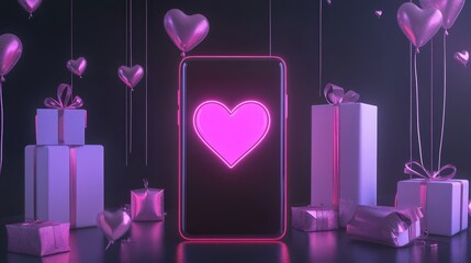 Abstract 3D model of a smartphone with exploding icons of shopping, discounts and digital payment solutions, pastel theme,valentine shopping day,couple gift,shopping online concept.