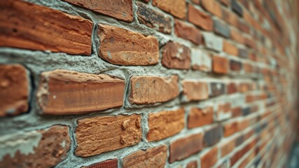 A close-up view of a weathered brick wall with faded red bricks and visible mortar