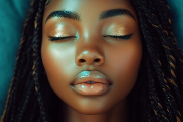 Fototapeta premium Commercial digital ads visual idea. Stunning calm black girl - for ads, magazine ad and online networks banner use. Long coiffure - highlighted hair. Fashion with african models. Woman model.