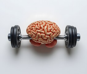 Brain lifting barbell, concept of mental strength and brain training, isolated on white background