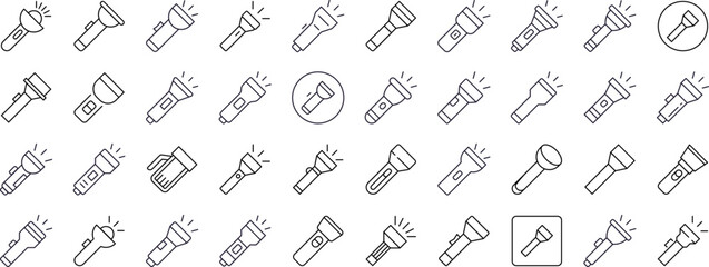 Camping Flashlight Bundle of Related Line Icons. Outline Signs for Graphic and Web Design, Apps, Adverts, Various Cards