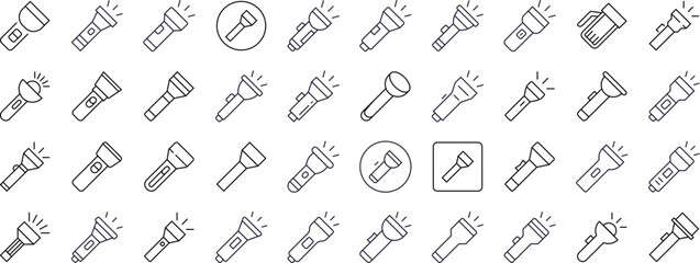 Camping Flashlight Line Icon Pack. Outline Signs for Graphic and Web Design, Apps, Adverts, Various Cards