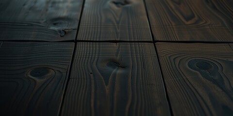 Close-up of dark stained wood planks with a slight perspective angle, showcasing natural grain patterns and knots.