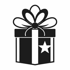 A black and white gift box icon with a festive bow and star.