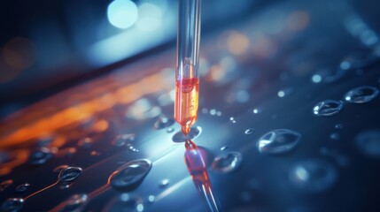 Close-up of a glowing droplet from a chemical dropper entering a sterile test tube, surrounded by soft ambient light, clean surfaces, and the sleek 