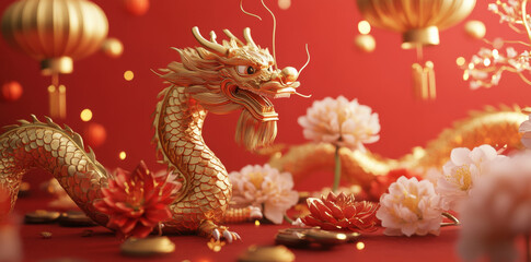 Golden dragon amidst festive red decor