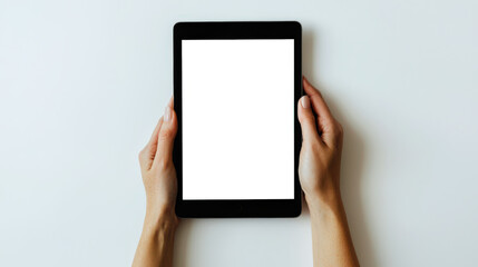 Mockup of a stylish modern black tablet with an empty screen in female hands on a white table background, top view. Advertising a website