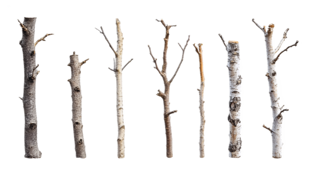 Collection of tree trunks in different sizes, isolated against a white background