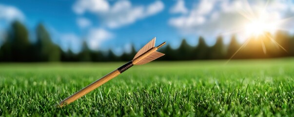 An arrow lies on lush green grass under a bright sky, with sunlight illuminating the scene, suggesting a tranquil outdoor setting.