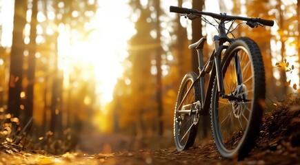 Obraz premium A mountain bike rests in a sunlit forest, surrounded by autumn foliage, creating a serene outdoor scene.