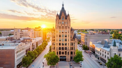Obraz premium Historic architecture with sunset in the city skyline featuring ornate building structure