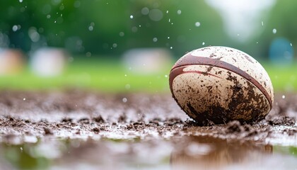 A muddy rugby ball rests on wet ground, droplets falling around it, capturing a moment of outdoor play in rainy conditions.