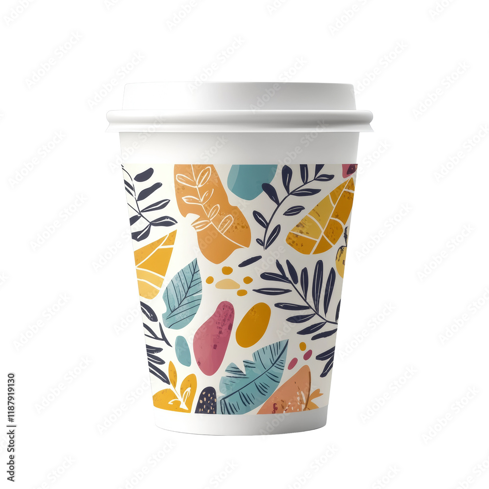 Poster the image shows a white disposable coffee cup with a stylish abstract leaf pattern in various warm a