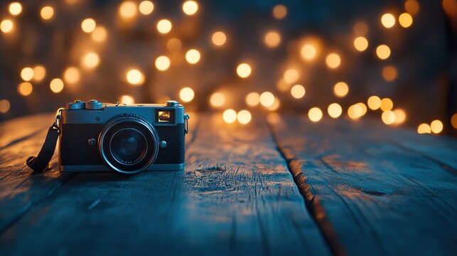 Vintage camera on wooden table with bokeh lights.