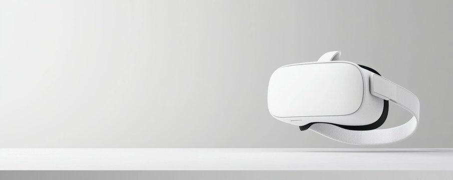 A sleek white virtual reality headset rests on a minimalistic surface against a light backdrop, symbolizing advanced technology and immersive experiences.