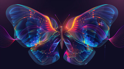 Neon butterfly with glowing, colorful electric patterns and radiant wings against a dark purple background