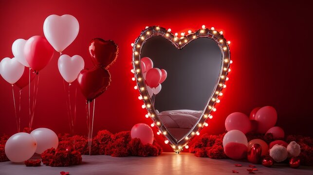 Fototapeta Extravagant bedroom luxury interior with love glamur decoration at Valentine day in studio Balloons by heart shaped and at illuminated mirror romantic cozy atmosphere at vivid red background