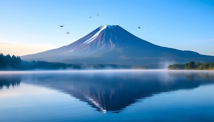 Serene Mount Fuji: Misty Lake Reflection in a Tranquil Landscape