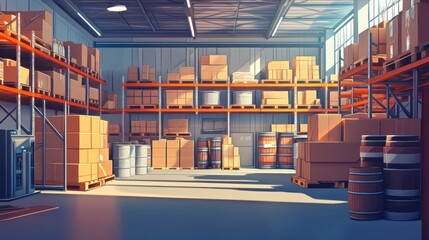 Sunlit warehouse interior with stacked cardboard boxes, barrels, and pallets on shelves.