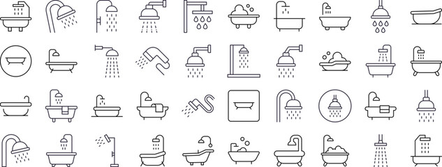 Shower and Bathtub Bundle of Related Line Icons. Outline Signs for Graphic and Web Design, Apps, Adverts, Various Cards