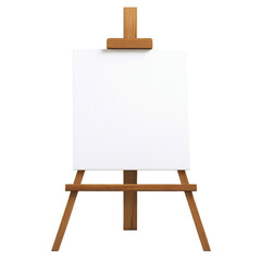 A small wooden easel displays a blank white canvas, ready for painting or drawing.