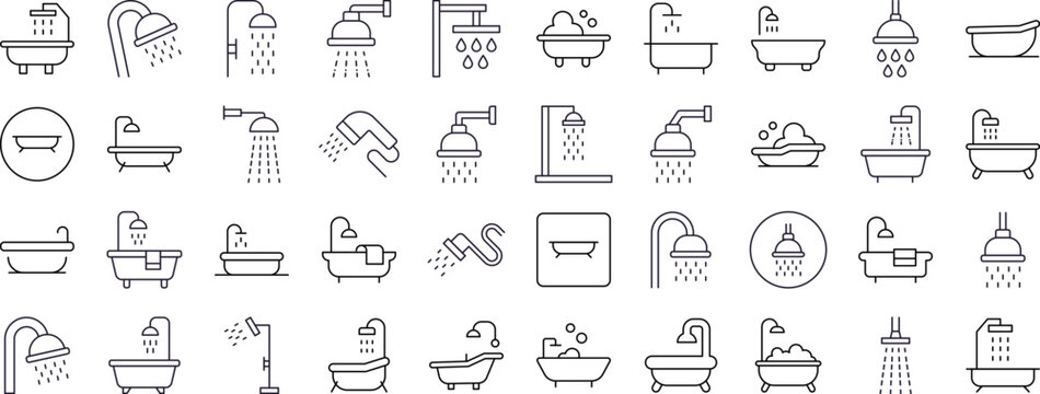 Shower and Bathtub Bundle of Related Line Icons. Outline Signs for Graphic and Web Design, Apps, Adverts, Various Cards
