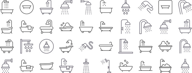 Fototapeta premium Shower and Bathtub Line Icon Collection. Outline Signs for Graphic and Web Design, Apps, Adverts, Various Cards