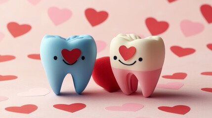 Cute blue and pink tooth with red heart on background St Valentines day card