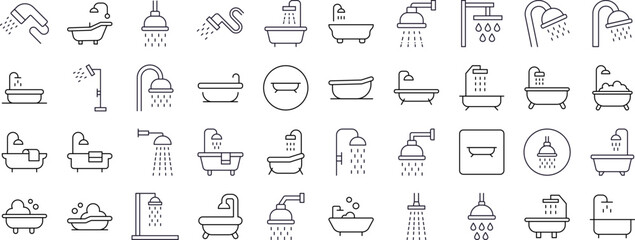 Shower and Bathtub Line Icon Bundle. Outline Signs for Graphic and Web Design, Apps, Adverts, Various Cards