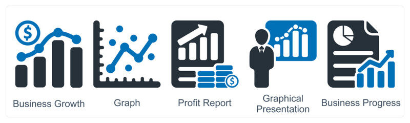 A set of 5 business icons as business growth, graph, profit report
