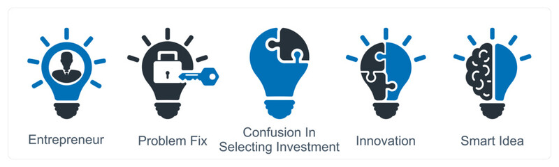 A set of 5 business icons as enterpreneur, problem fix, confusion in selecting investment