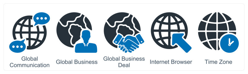 A set of 5 business icons as global communication, global business, internet browser