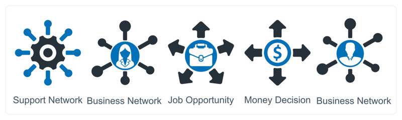 A set of 5 business icons as support network, business network, job oppurtunity