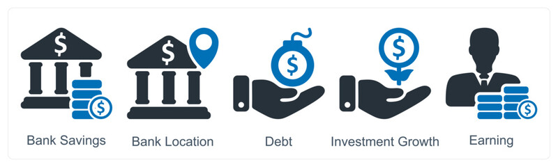 A set of 5 business icons as bank savings, bank location, debt