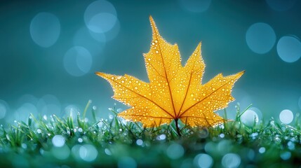 Dewy autumn leaf on grass with bokeh background.
