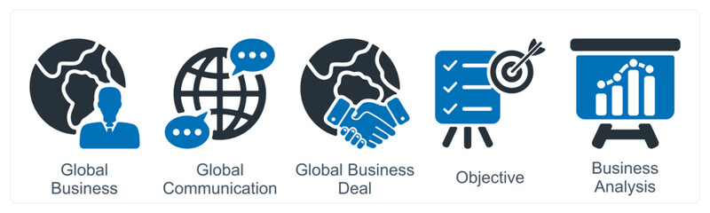 A set of 5 business icons as global business, global communication, business deal