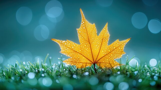 Dewy autumn leaf on grass with bokeh background.