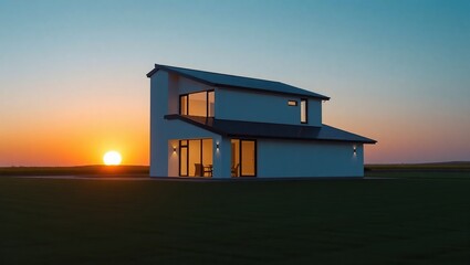 Fototapeta premium Modern Two Story House Sunset Landscape View