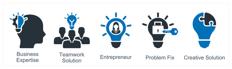 A set of 5 business icons as business expertise, teamwork solution, enterpreneur