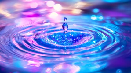 Wet glitter texture Paint flow Defocused neon blue pink purple color shimmering bokeh light circles acrylic ink water wave motion abstract art background