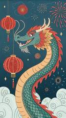 Obraz premium Illustration of a vibrant dragon surrounded by red lanterns, cherry blossoms, and fireworks, symbolizing Lunar New Year traditions, ideal for cultural campaigns, holiday marketing, and event promotion