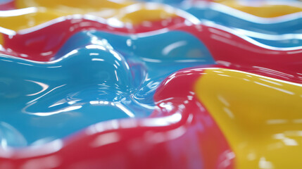 Prompt: A close-up of a glossy liquid surface with swirling patterns of red, yellow, and blue hues. The soft focus enhances the abstract 3D texture, creating a vibrant, dynamic visual in 4K clarity.