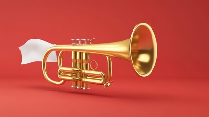 Naklejka premium Gold trumpet with white flag on red background.