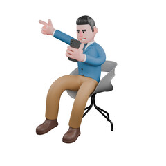 Engaging Studio Host 3D Model. A male tv show host sits with one hand holding a cellphone while looking at it, and the other hand points to the side. Cartoon Style