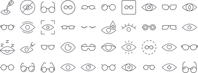 Set of Eye and Glasses Related Line Icons. Outline Signs for Graphic and Web Design, Apps, Adverts, Various Cards