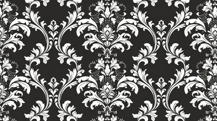 The image features a black and white floral damask pattern with intricate designs of leaves and flowers