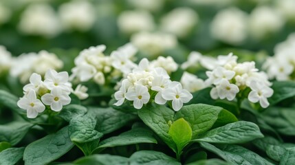 Fototapeta premium Soft focus of lots of mini white flower named Chain of Love with its green leaves behind white flower and green leaves background concept